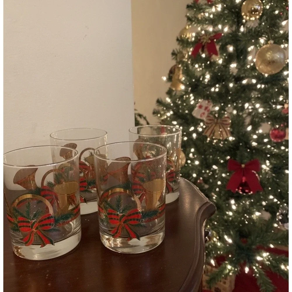 Set Of 4 Vintage‎ MCM Culver Glasses 22k Gold Christmas Yule Horn With Box
